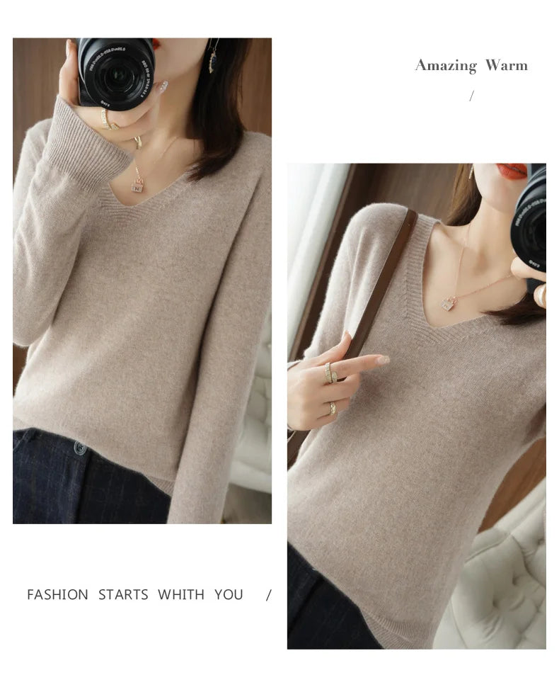 Autumn And Winter Cashmere Sweater New Women's V-neck Pullover Lace Neck Hollow Out Design Casual Knitted Long Sleeve Women's