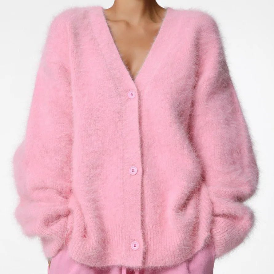 Elegant Mohair Knitted  Sweater Cardigans Loose O Neck Single Breasted Long Sleeve Sweater Fall Clothes 2024 Women Pink Cardigan Luxury