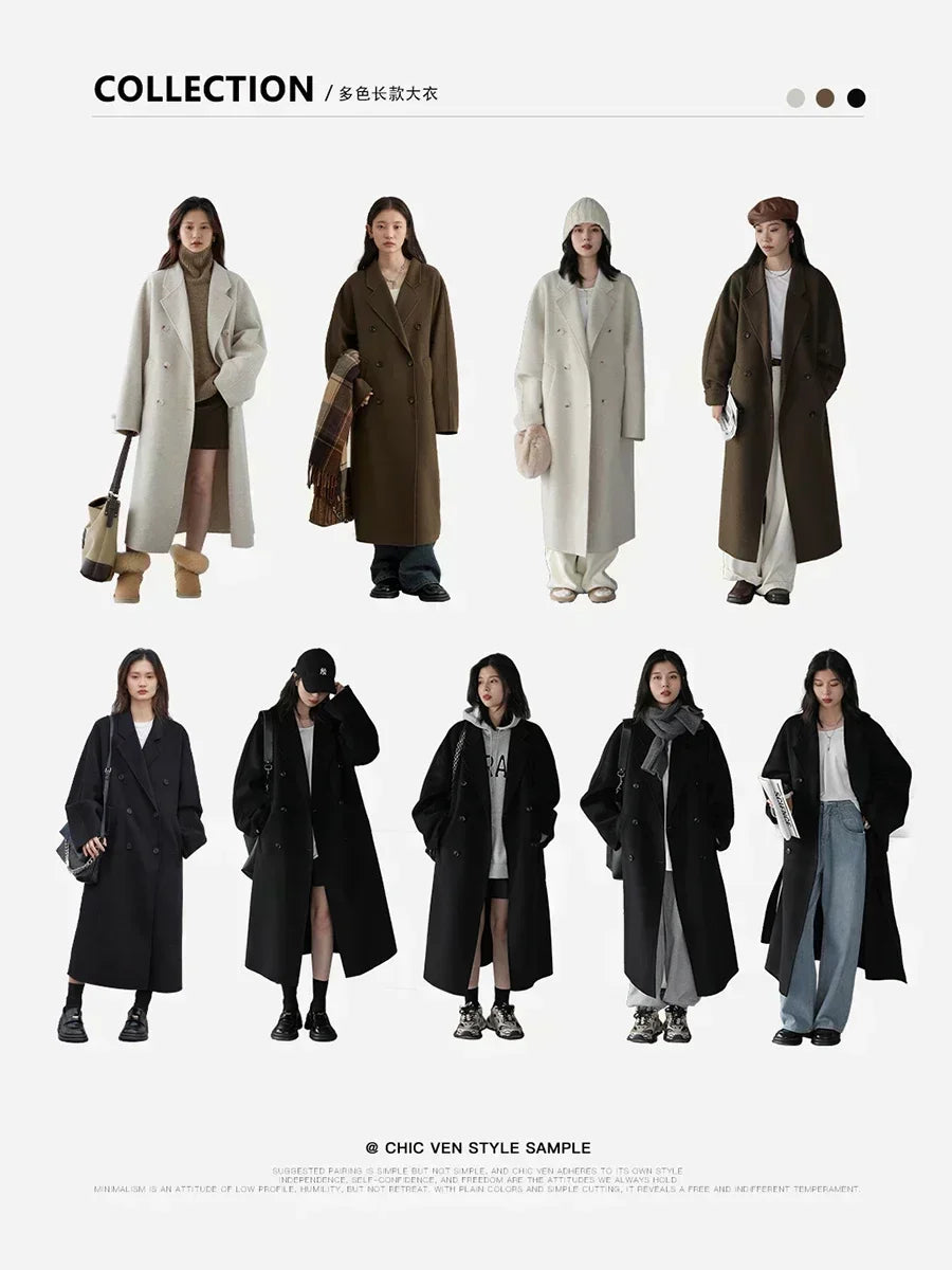 CHIC VEN Women Long Double-sided Woolen Coats Retro Loose Female Overcoat Double Breasted Ladies Windbreak Autumn Winter 2023