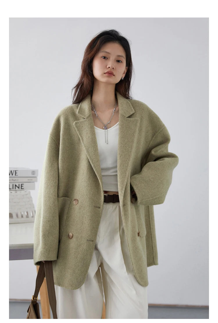 CHIC VEN Women's Woolen Coats Loose Casual Double Breasted Retro Double-sided Jacket Office Lady Outerwear Autumn Winter 2023