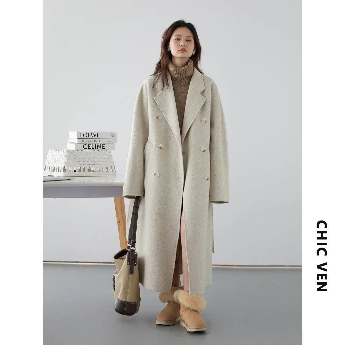 CHIC VEN Women Long Double-sided Woolen Coats Retro Loose Female Overcoat Double Breasted Ladies Windbreak Autumn Winter 2023