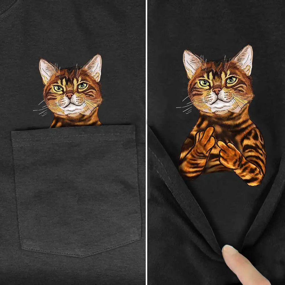 CLOOCL Animal T-Shirt Fashion Brand Summer Pocket Cat Stickers Printed T-shirt Men's Women Shirts Hip Hop Tops Funny Cotton Tees