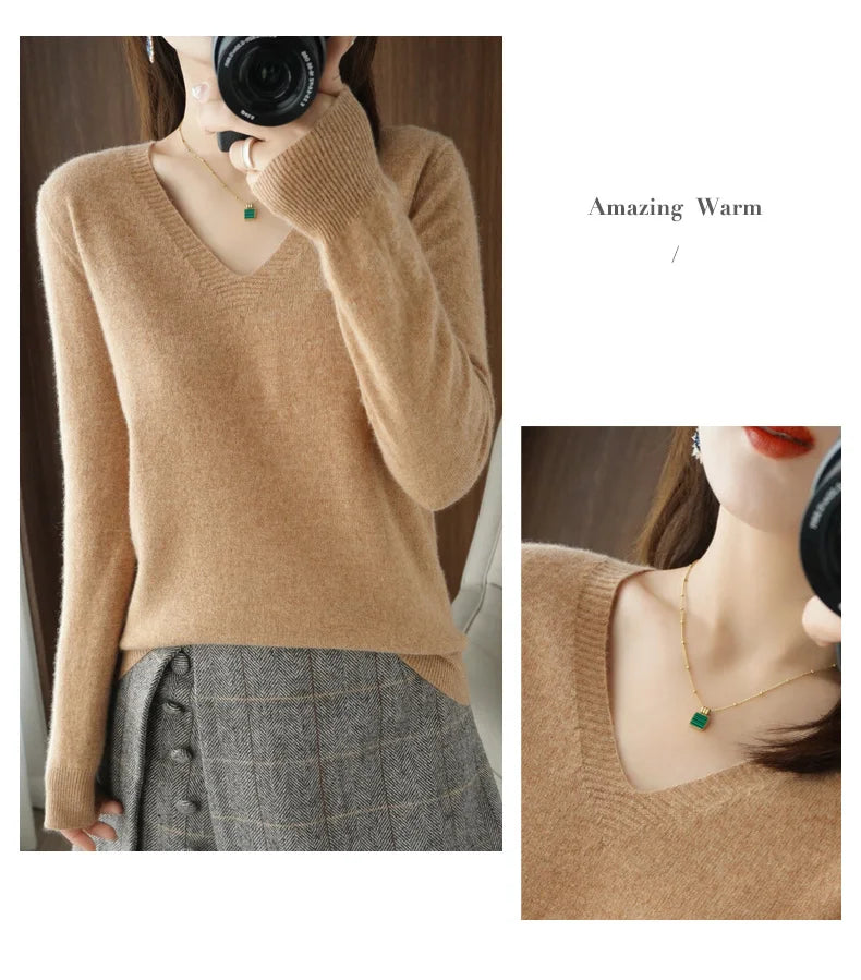 Autumn And Winter Cashmere Sweater New Women's V-neck Pullover Lace Neck Hollow Out Design Casual Knitted Long Sleeve Women's