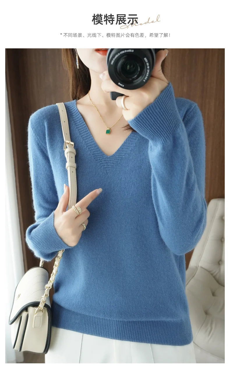 Autumn And Winter Cashmere Sweater New Women's V-neck Pullover Lace Neck Hollow Out Design Casual Knitted Long Sleeve Women's