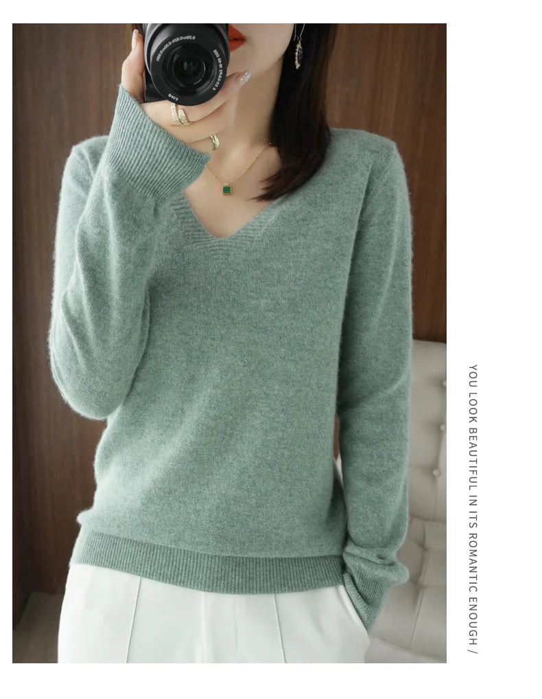 Autumn And Winter Cashmere Sweater New Women's V-neck Pullover Lace Neck Hollow Out Design Casual Knitted Long Sleeve Women's