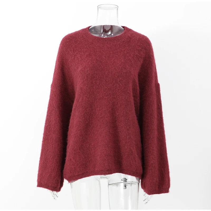 Vintage Red O-neck Sweater Pullover For Women Casual Long Sleeved Loose Knitwear 2024 New Autumn Female High Streetwear