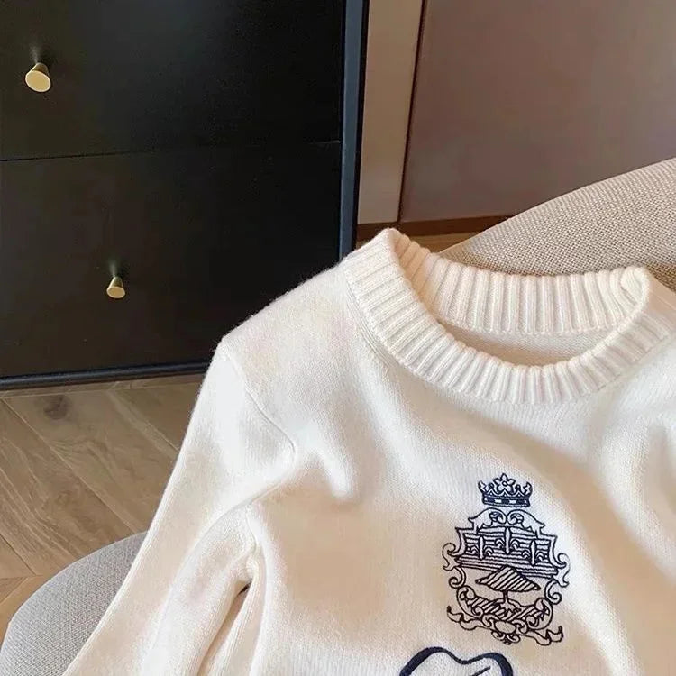 Letters Embroidery Pullover Sweater 2024 Spring Autumn Women Round Neck Long Sleeve Knitwear Jumper Female Casual Design Tops