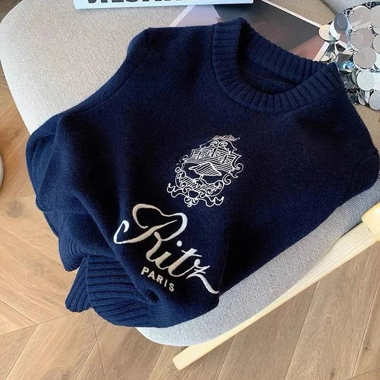 Letters Embroidery Pullover Sweater 2024 Spring Autumn Women Round Neck Long Sleeve Knitwear Jumper Female Casual Design Tops