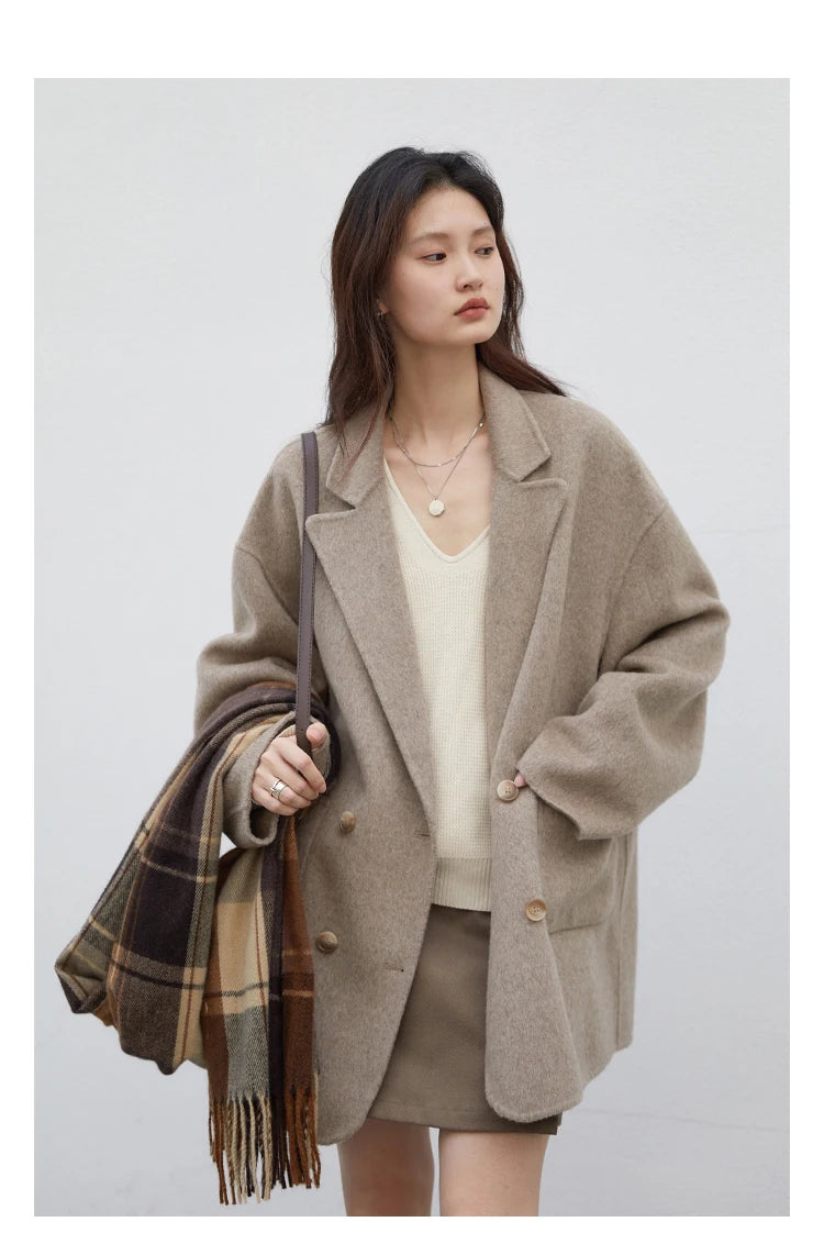 CHIC VEN Women's Woolen Coats Loose Casual Double Breasted Retro Double-sided Jacket Office Lady Outerwear Autumn Winter 2023