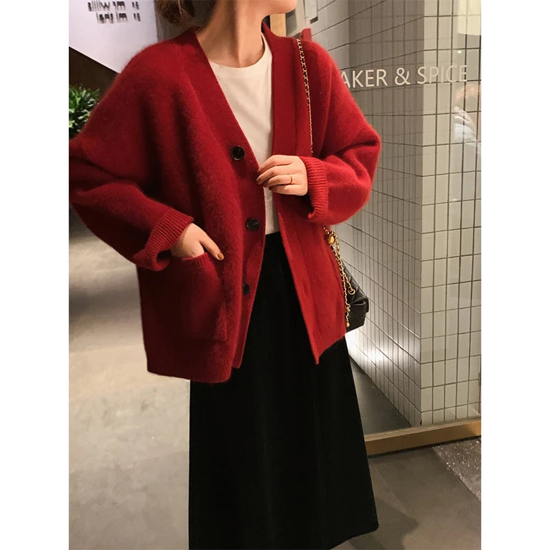 CJFHJE Beige Pockets Knitted Sweater Coats Women Loose Single-breasted V-neck Purple Cardigan Female Autumn Casual Red Cardigans