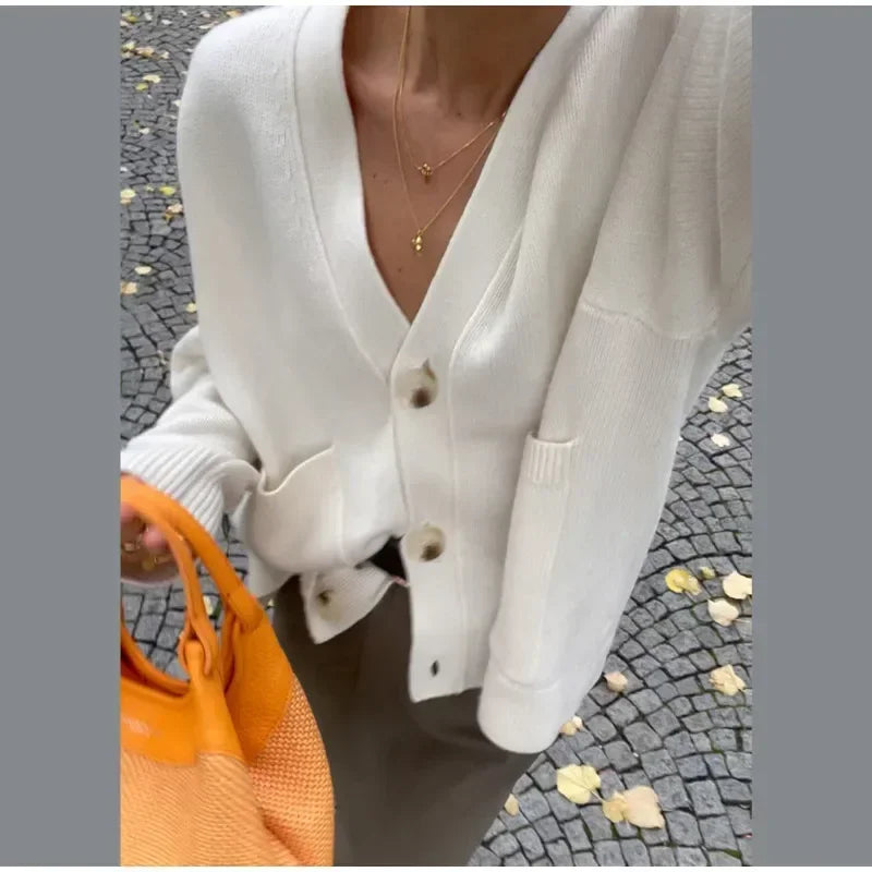 Women Fashion Solid Single Breasted Knitted Cardigan Elegant V Neck Long Sleeves Sweater Autumn Chic Lady Commuting Street Wear