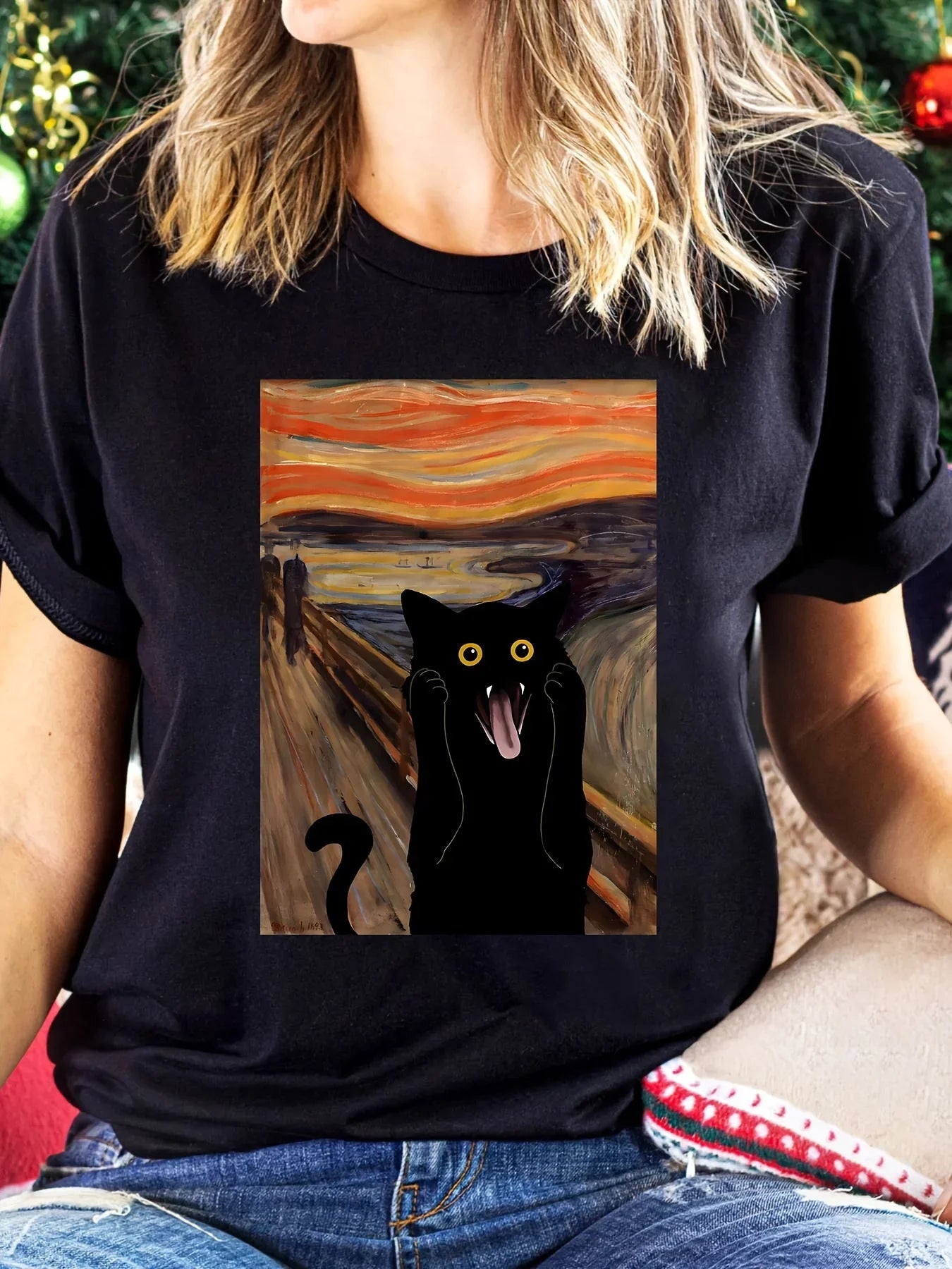 Scared Cat Print Crew Neck Women's T-shirt Casual Short Sleeve Top for Spring & Summer Y2k Top Women's Clothing