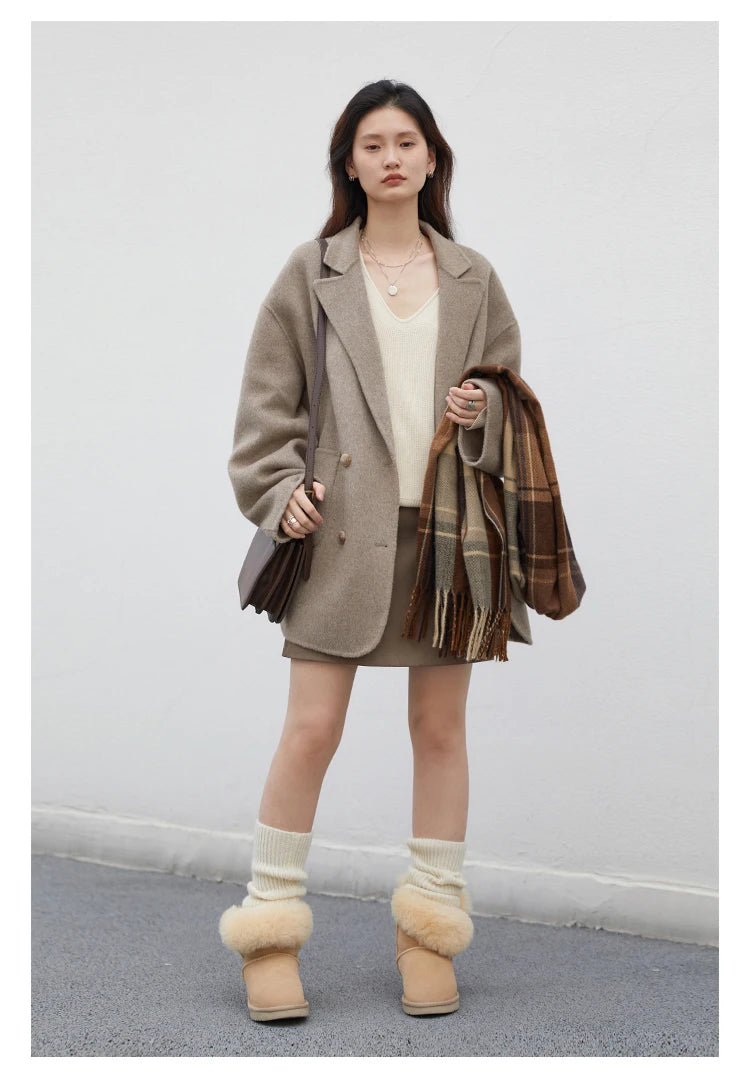 CHIC VEN Women's Woolen Coats Loose Casual Double Breasted Retro Double-sided Jacket Office Lady Outerwear Autumn Winter 2023