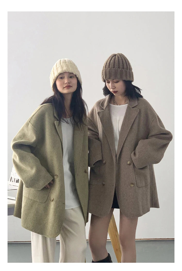 CHIC VEN Women's Woolen Coats Loose Casual Double Breasted Retro Double-sided Jacket Office Lady Outerwear Autumn Winter 2023