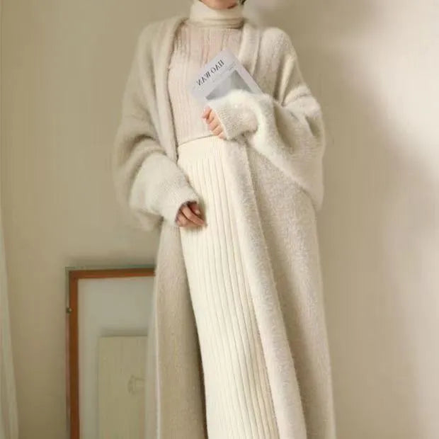 white Long Cardigan for women 2024 new winter clothes Knitted fluffy long sleeve Cashmere sweater coat korean style warm vintage