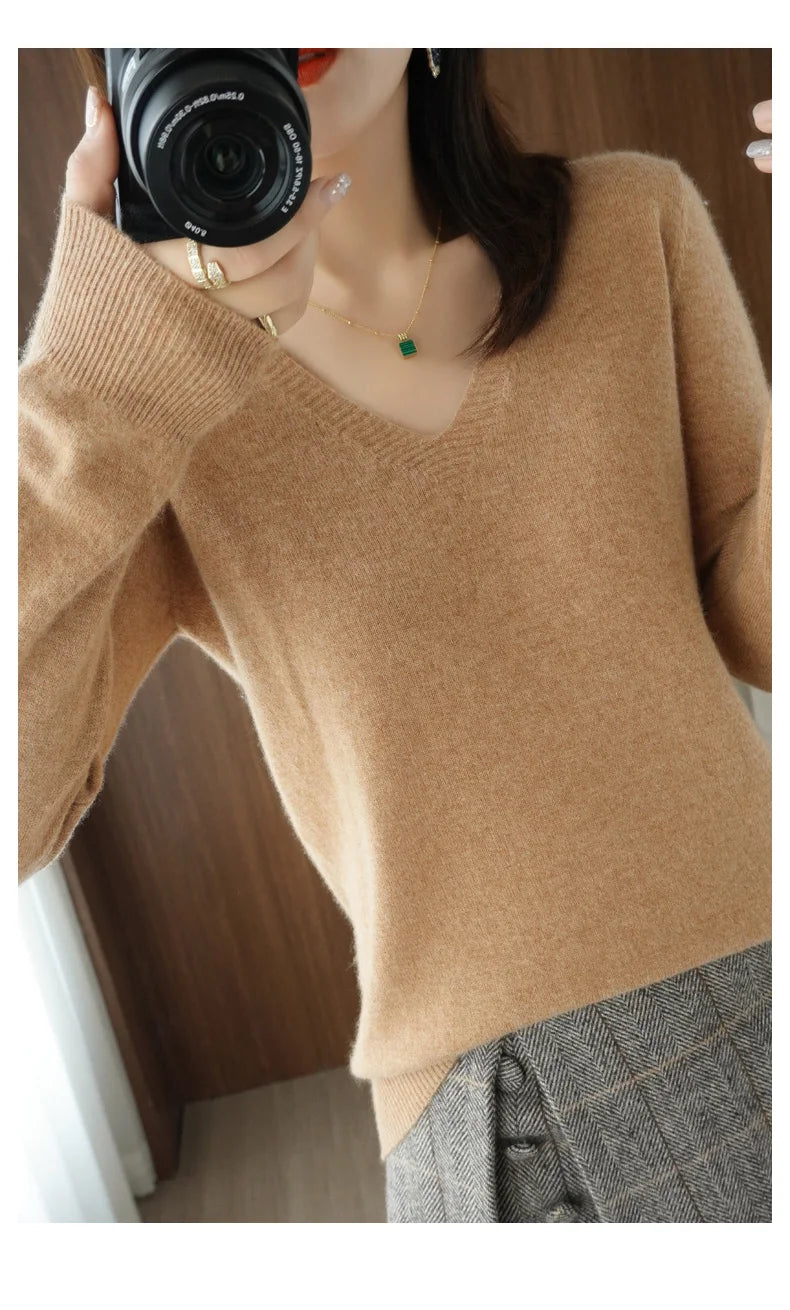 Autumn And Winter Cashmere Sweater New Women's V-neck Pullover Lace Neck Hollow Out Design Casual Knitted Long Sleeve Women's