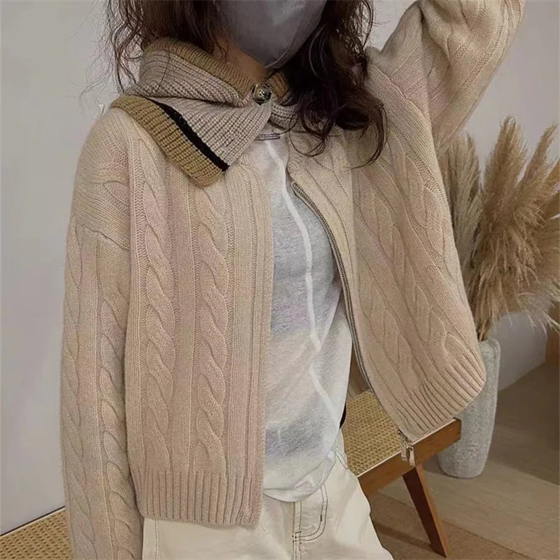 New Style Solid Color Zipper Knitted Cardigan Women Autumn Winter Casual Twist Long Sleeve Sweater Jacket