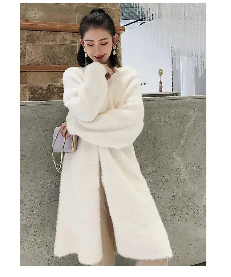 white Long Cardigan for women 2024 new winter clothes Knitted fluffy long sleeve Cashmere sweater coat korean style warm vintage