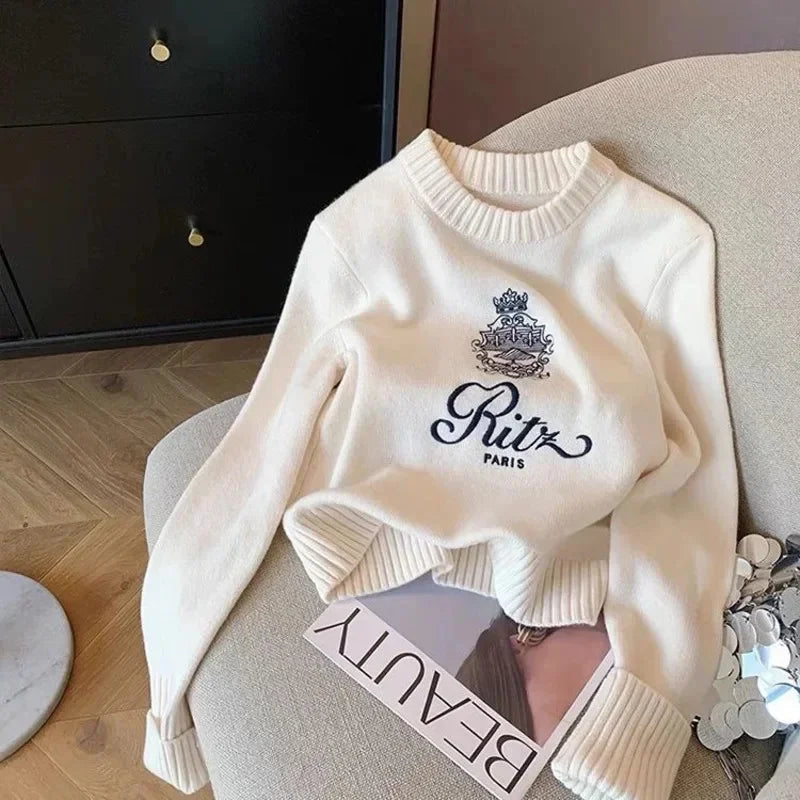 Letters Embroidery Pullover Sweater 2024 Spring Autumn Women Round Neck Long Sleeve Knitwear Jumper Female Casual Design Tops