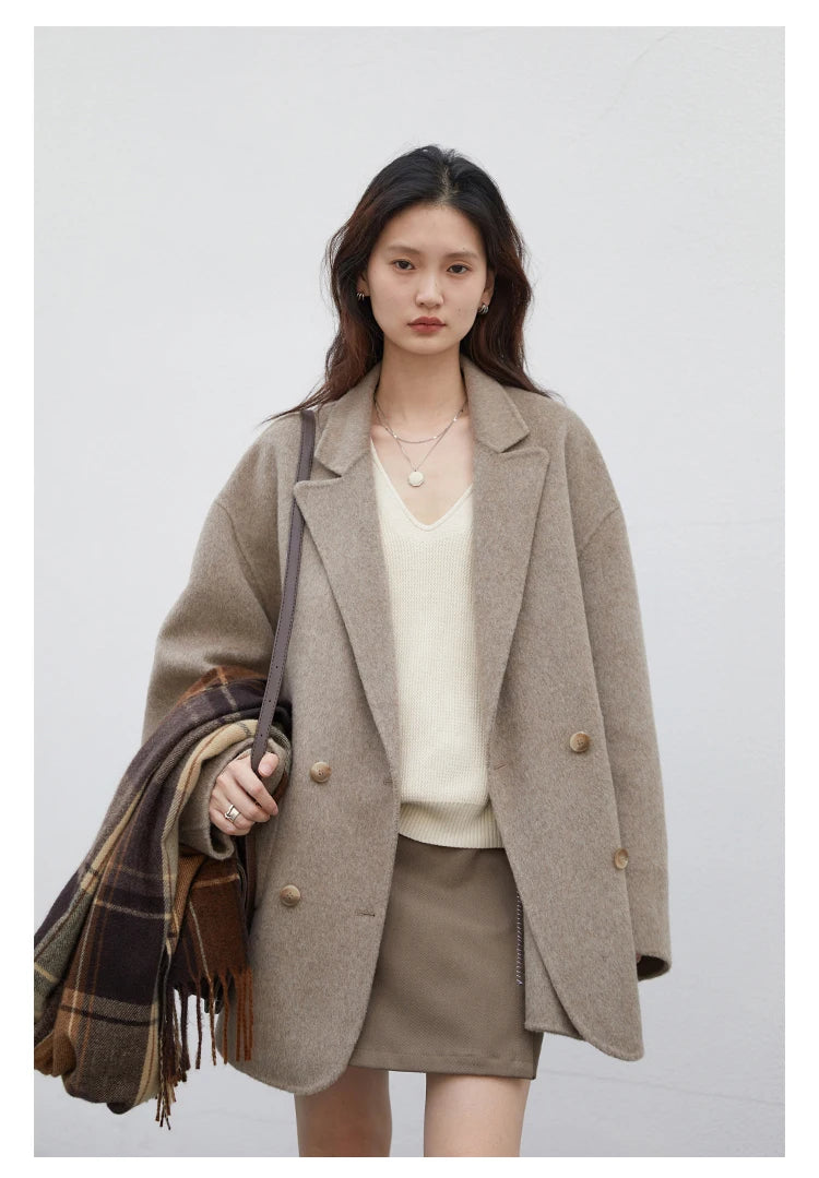 CHIC VEN Women's Woolen Coats Loose Casual Double Breasted Retro Double-sided Jacket Office Lady Outerwear Autumn Winter 2023