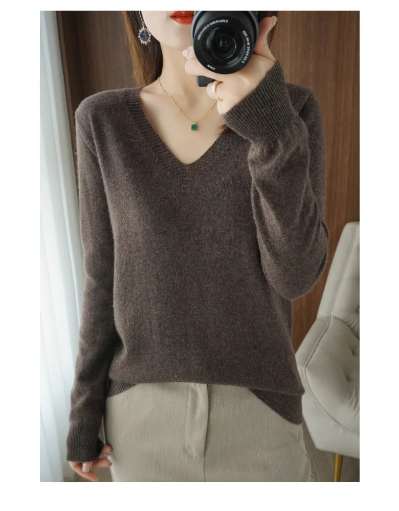 Autumn And Winter Cashmere Sweater New Women's V-neck Pullover Lace Neck Hollow Out Design Casual Knitted Long Sleeve Women's