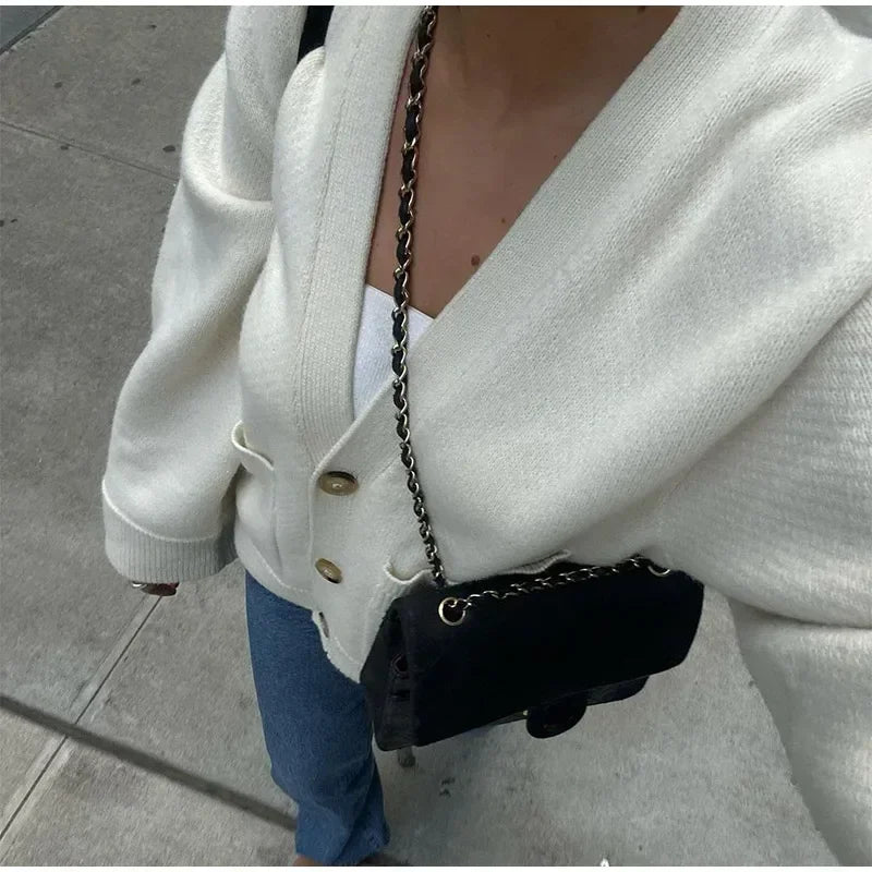 Women Fashion Solid Single Breasted Knitted Cardigan Elegant V Neck Long Sleeves Sweater Autumn Chic Lady Commuting Street Wear