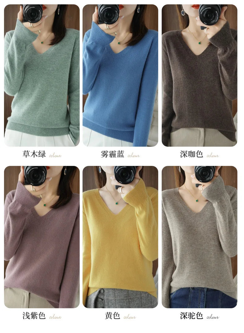 Autumn And Winter Cashmere Sweater New Women's V-neck Pullover Lace Neck Hollow Out Design Casual Knitted Long Sleeve Women's