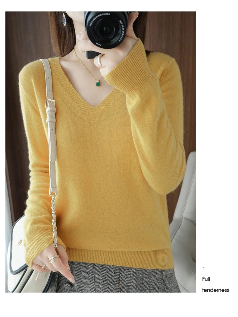 Autumn And Winter Cashmere Sweater New Women's V-neck Pullover Lace Neck Hollow Out Design Casual Knitted Long Sleeve Women's