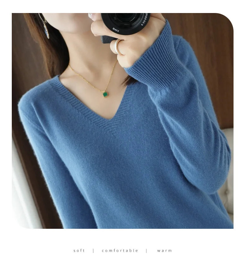 Autumn And Winter Cashmere Sweater New Women's V-neck Pullover Lace Neck Hollow Out Design Casual Knitted Long Sleeve Women's