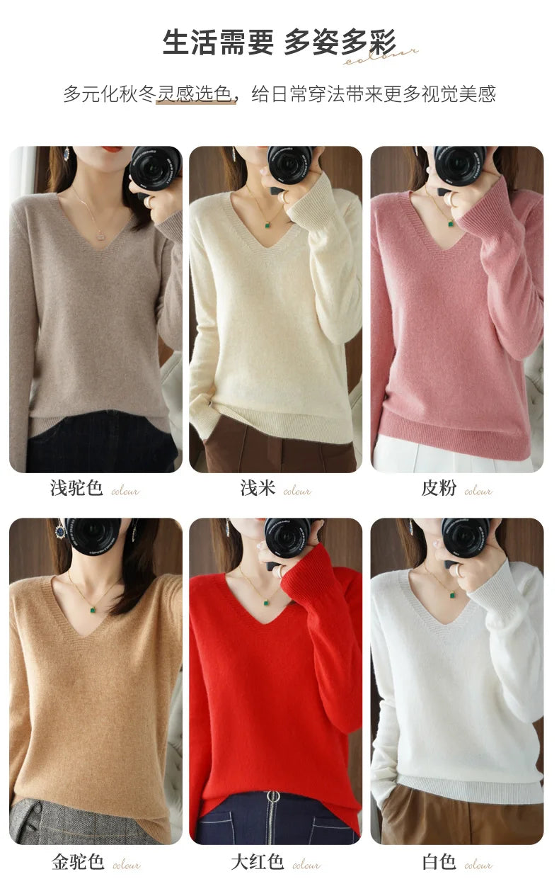 Autumn And Winter Cashmere Sweater New Women's V-neck Pullover Lace Neck Hollow Out Design Casual Knitted Long Sleeve Women's