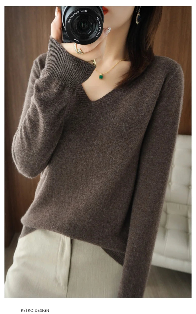 Autumn And Winter Cashmere Sweater New Women's V-neck Pullover Lace Neck Hollow Out Design Casual Knitted Long Sleeve Women's