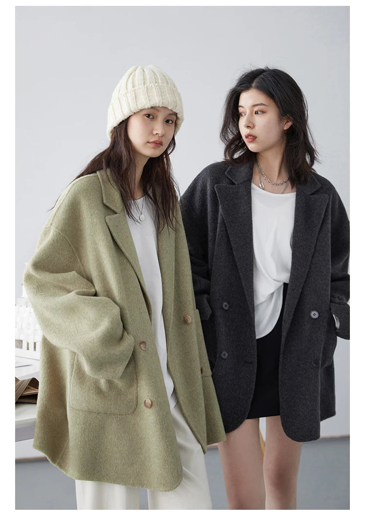 CHIC VEN Women's Woolen Coats Loose Casual Double Breasted Retro Double-sided Jacket Office Lady Outerwear Autumn Winter 2023