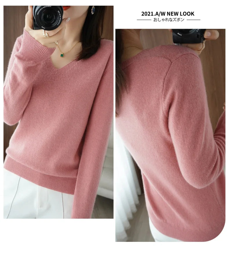 Autumn And Winter Cashmere Sweater New Women's V-neck Pullover Lace Neck Hollow Out Design Casual Knitted Long Sleeve Women's