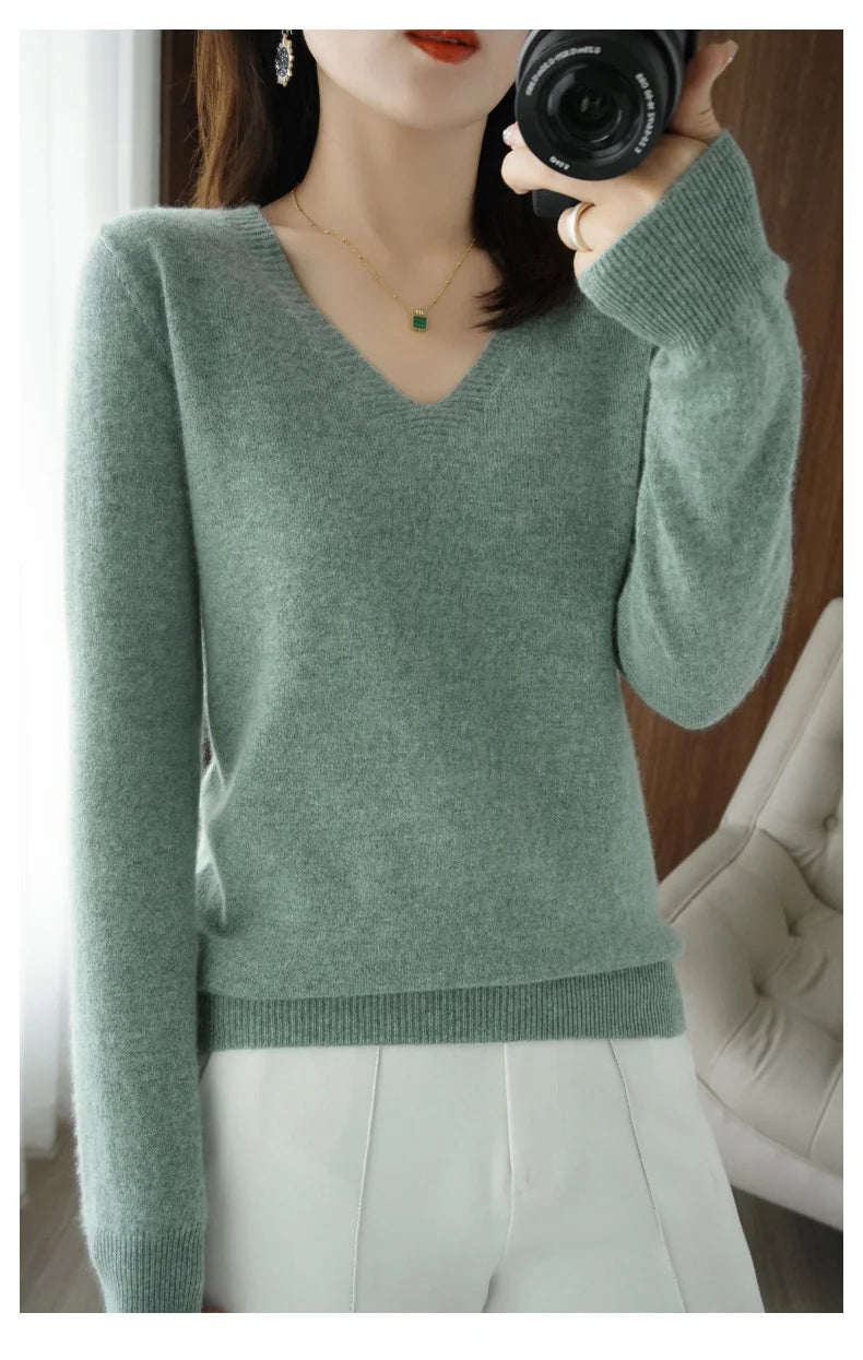 Autumn And Winter Cashmere Sweater New Women's V-neck Pullover Lace Neck Hollow Out Design Casual Knitted Long Sleeve Women's